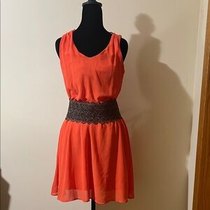Chic Orange Sleeveless Dress with Lace Detail